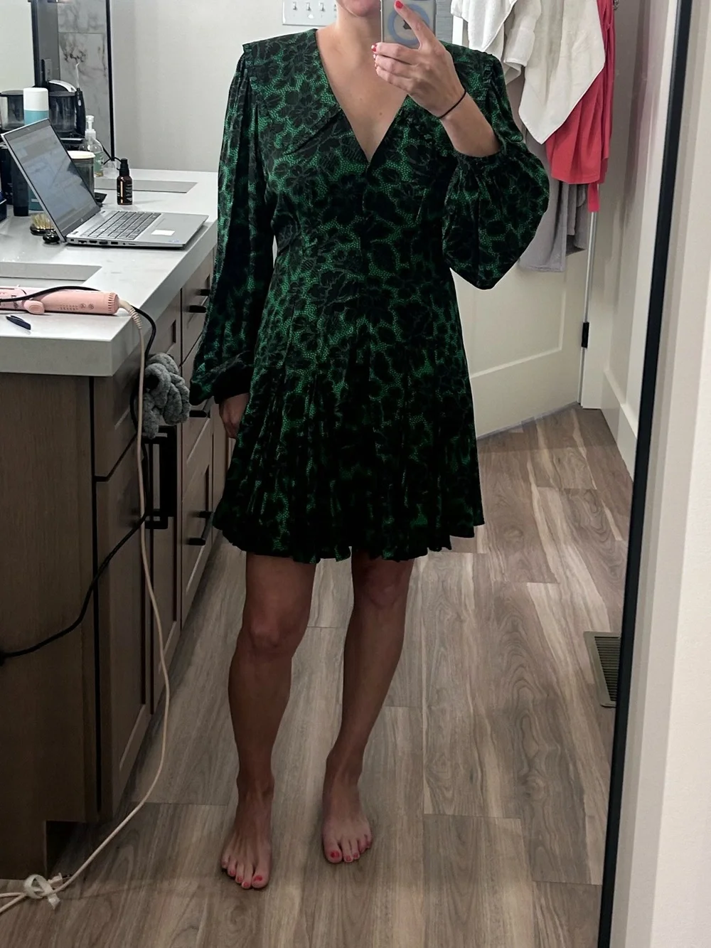RHODE Green Printed V-Neck Long Sleeve Mini Dress; Wendy Dress - Picture 2 of 5